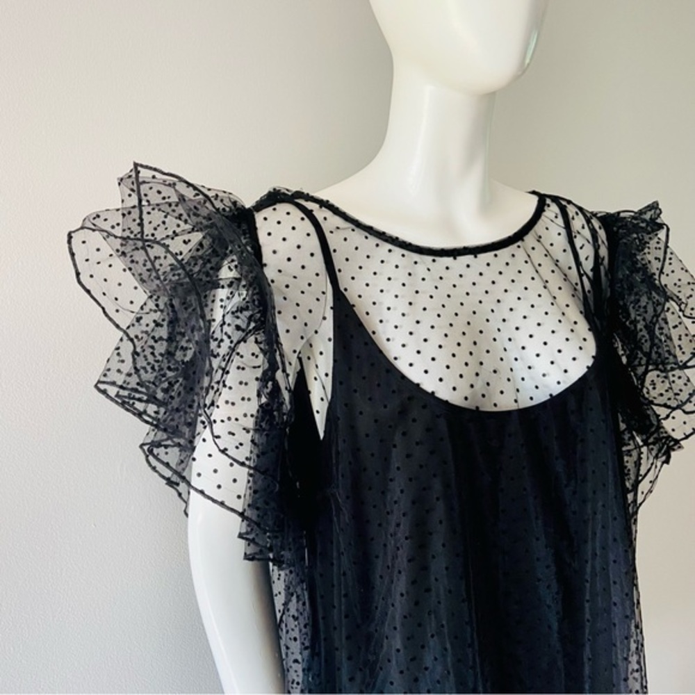 City Chic Spotty Time top in black, short frilled sleeves, dobby spot top Size22 - Picture 11 of 14